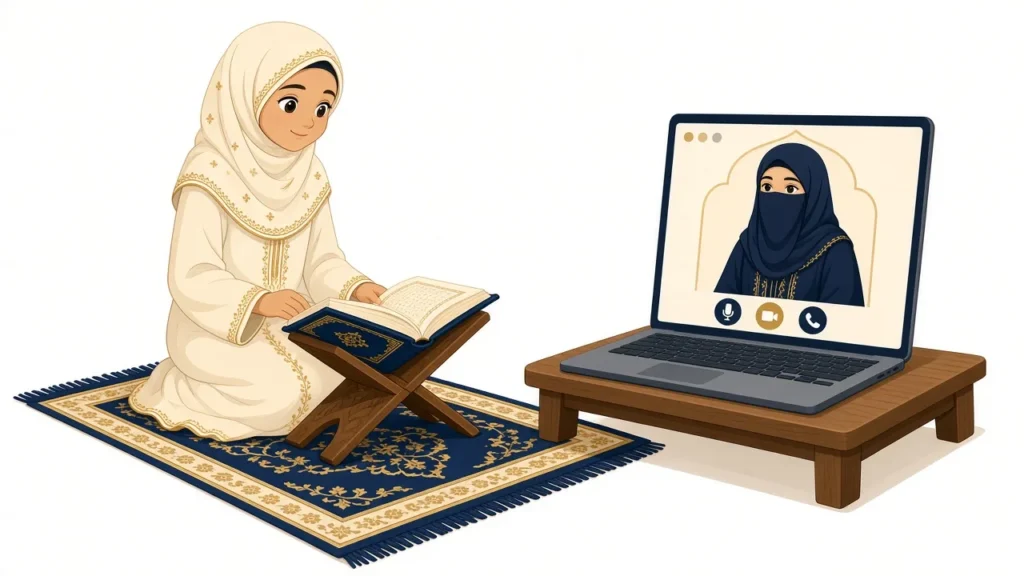 Muslim girl in hijab reading Quran on a rehal with a female teacher on a video call