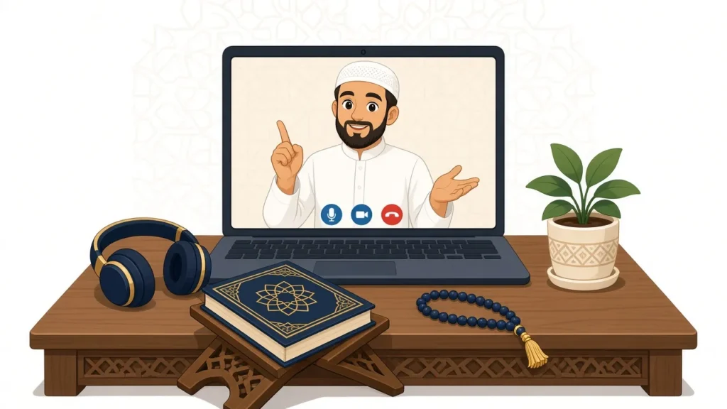 Online Quran class on a laptop with a teacher, Quran on a rehal and tasbih