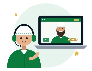 Child learning Quran online with headphones and a tutor on Zoom